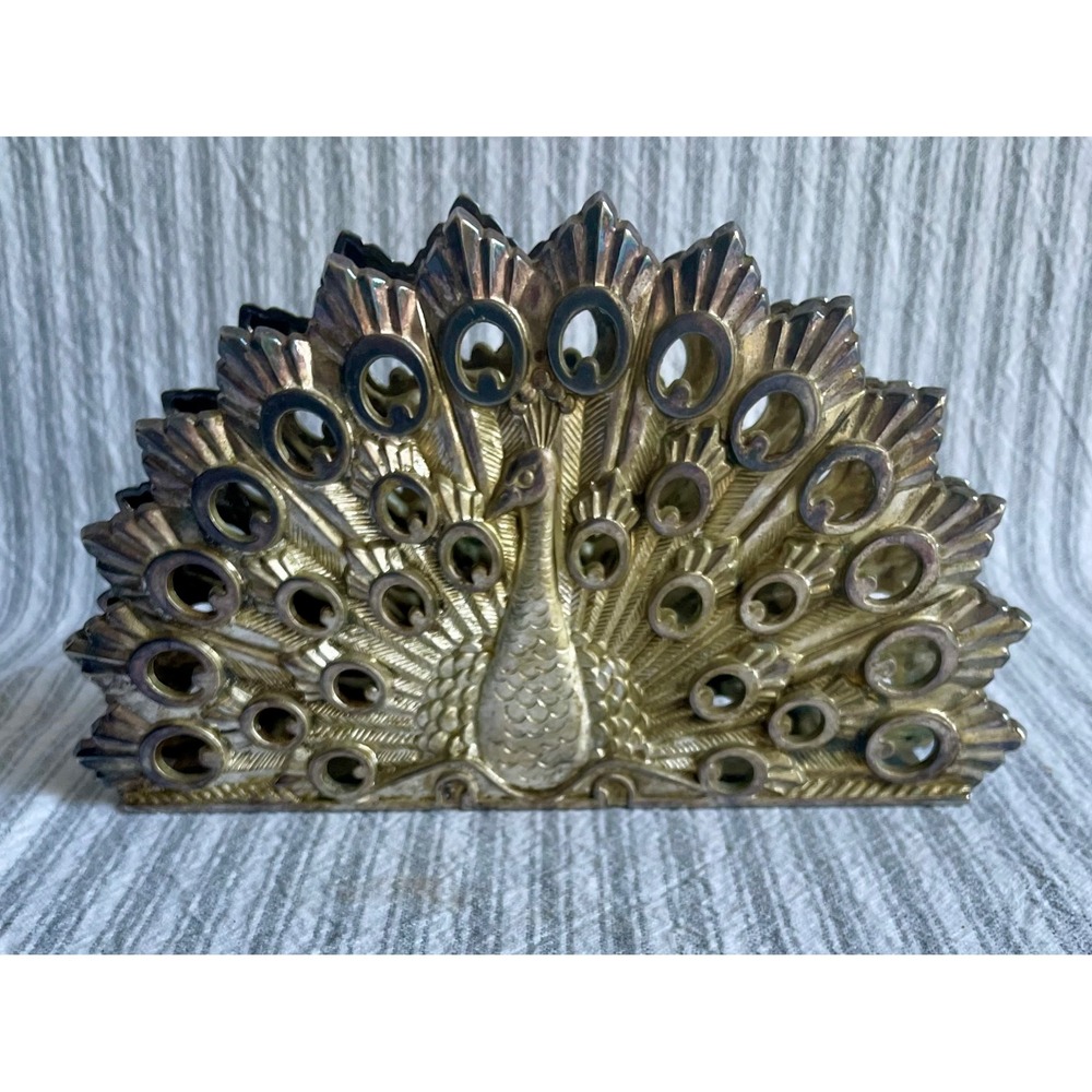 Vintage 1985 Godinger Silver Plated Peacock Napkin Holder EP Zinc Italy Art Deco